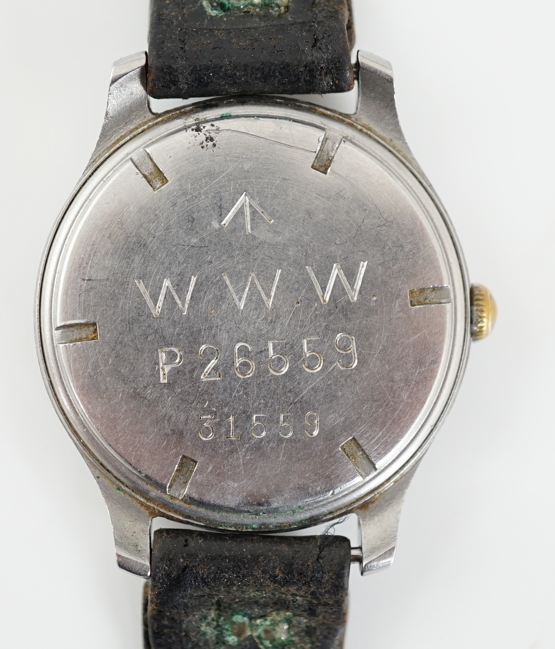A gentleman's stainless steel WWII Cyma 'Dirty Dozen' military manual wind wrist watch